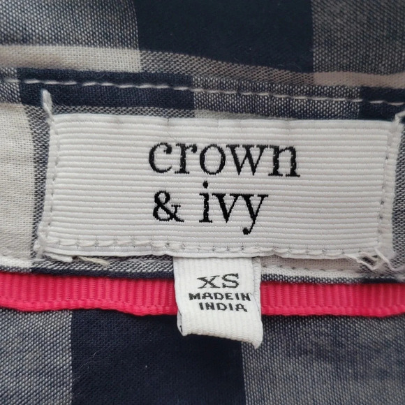 Crown & Ivy NWT LS Button Up Shirt Gingham Plaid Women XS Navy Blue White Preppy - Picture 6 of 9